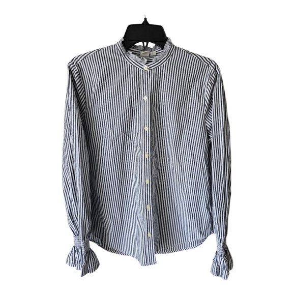 Gap Shirt Women Sz M Striped Ruffle Collar Flare Long Sleeve  Cotton Button Up - Picture 1 of 12